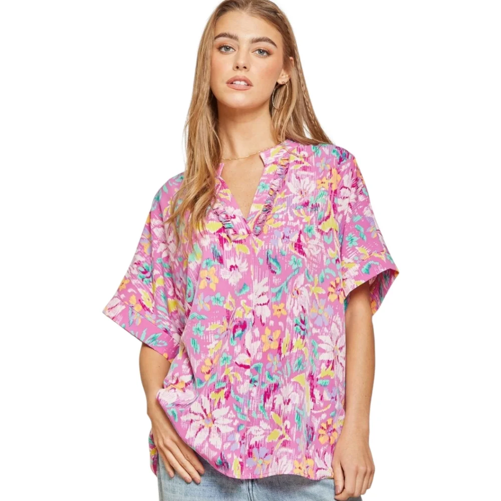 Emily Wonder Pink Floral Blouse, Size 2X - Picture 2 of 11